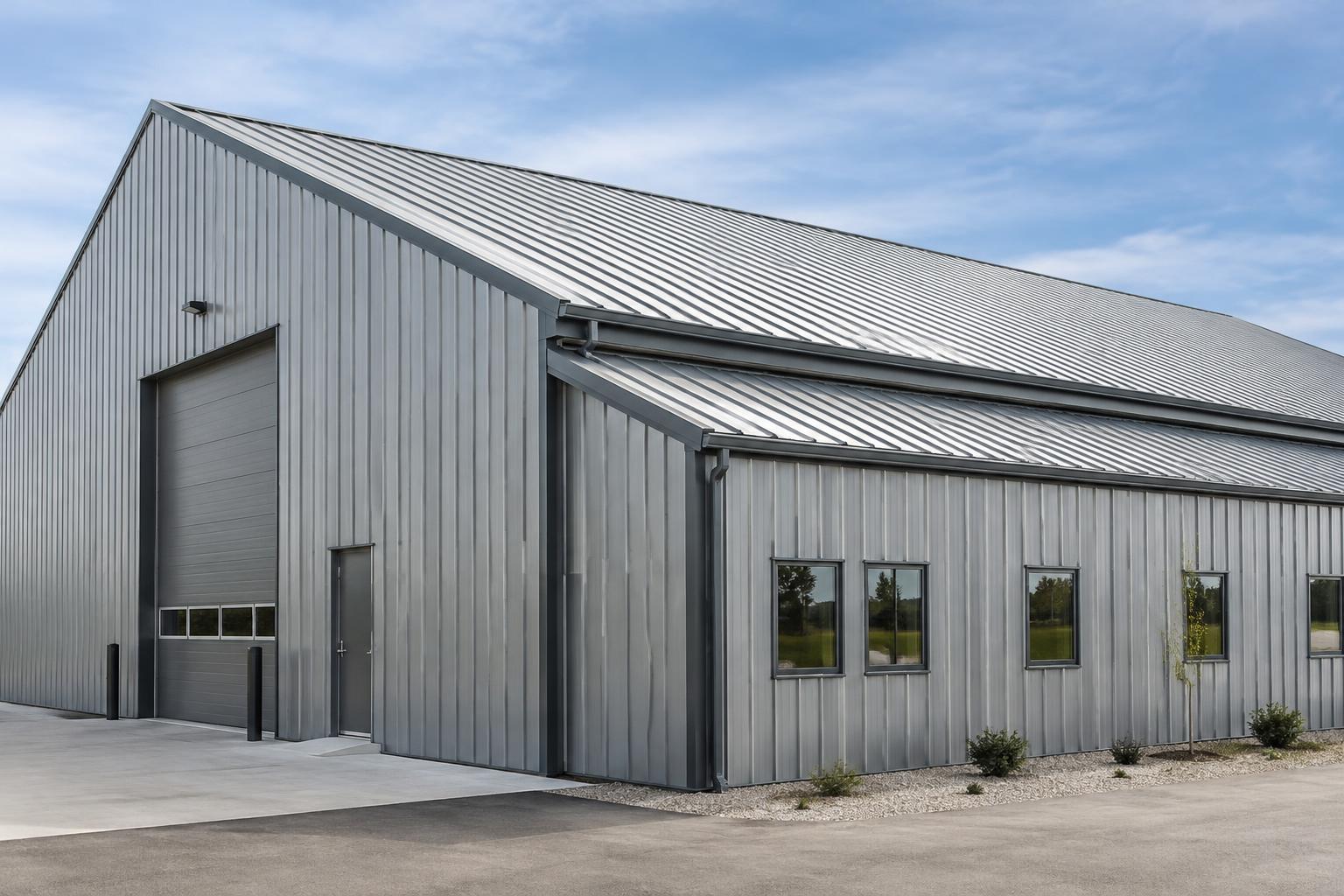 Standing-seam metal roofing and steel siding on an industrial building