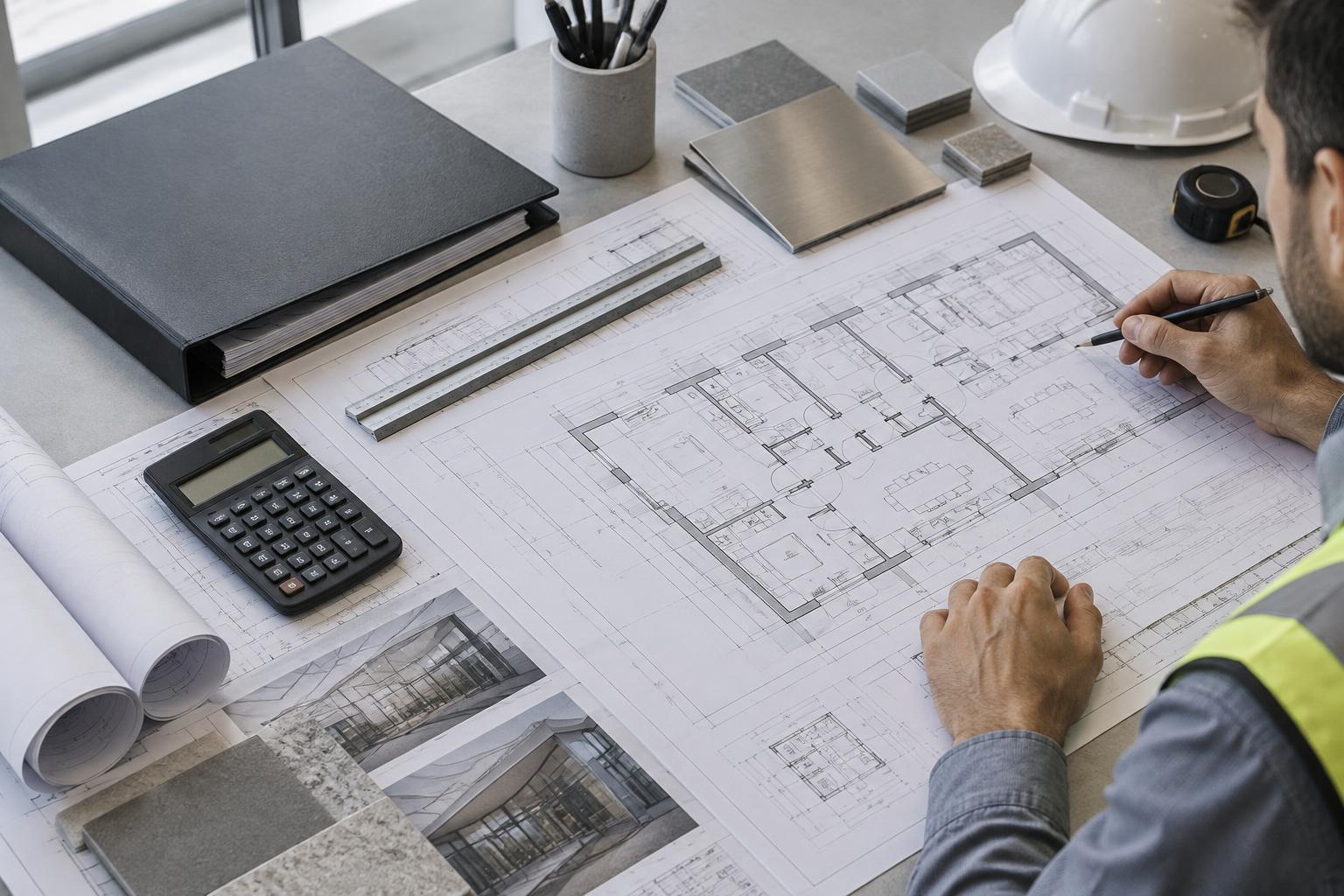 Construction plans, a scale ruler and calculator during an estimating review